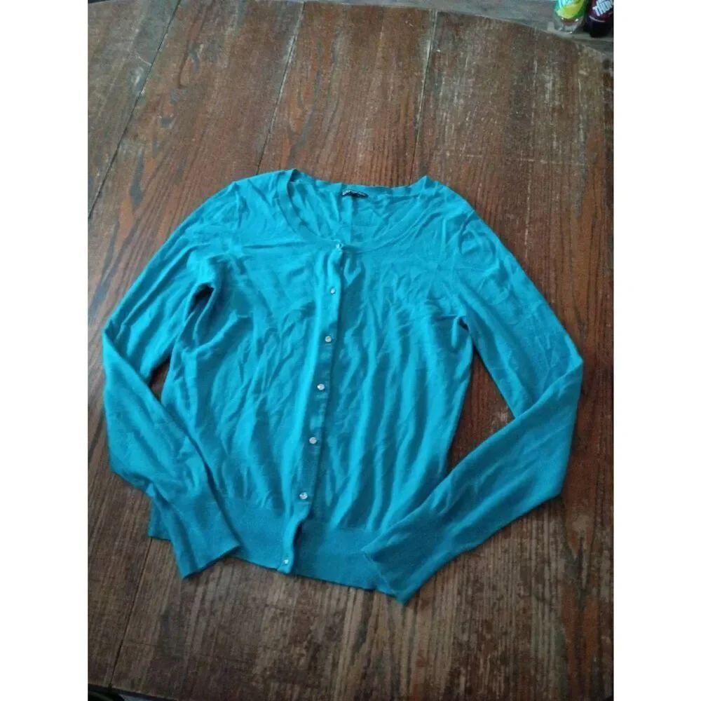 Large Express Blue Long Sleeve Jeweled Button Front Knit Sweater Cardigan